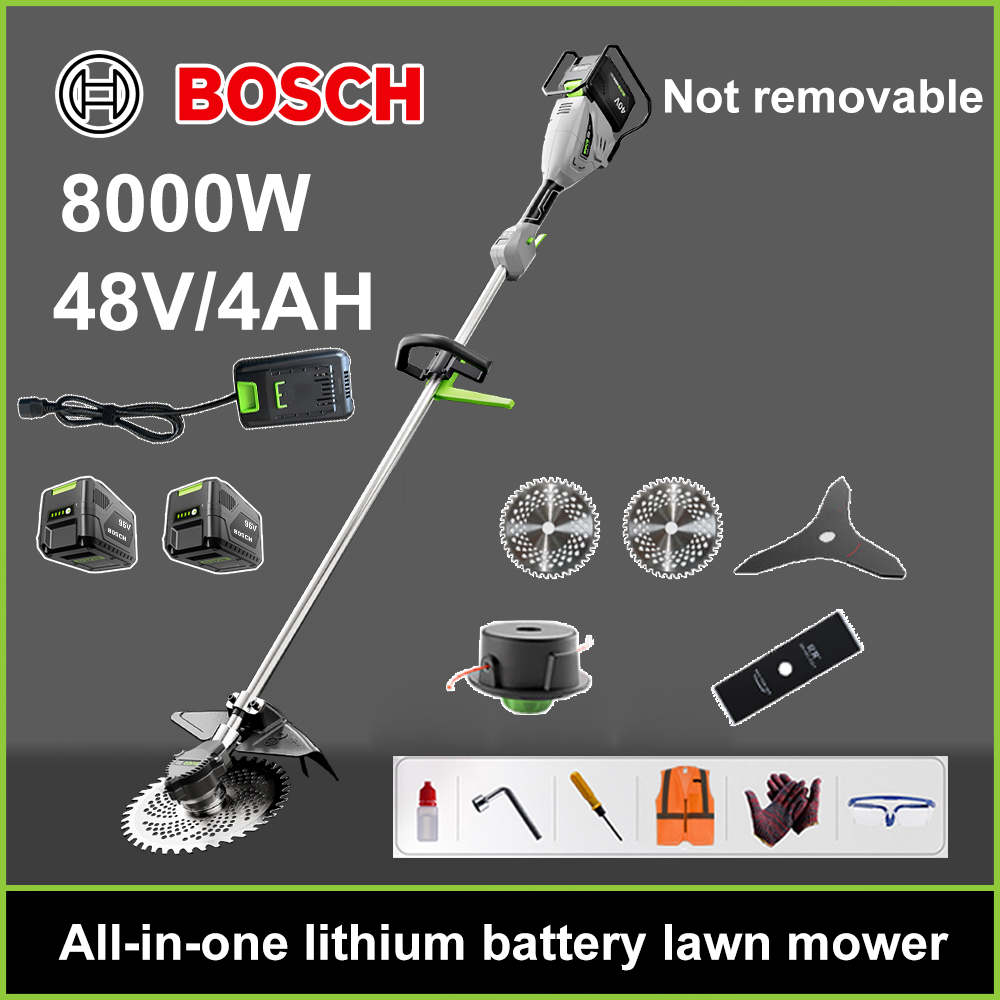 Cortador de grama sem escovas de 8000 W + bateria de lítio de 48 V/4 Ah * 2 + lâmina de serra circular * 2 + lâmina de serra reta + disco aparador de ervas daninhas + corda aparadora de ervas daninhas * 20 + carregador original + outros acessórios + garantia de dez anos