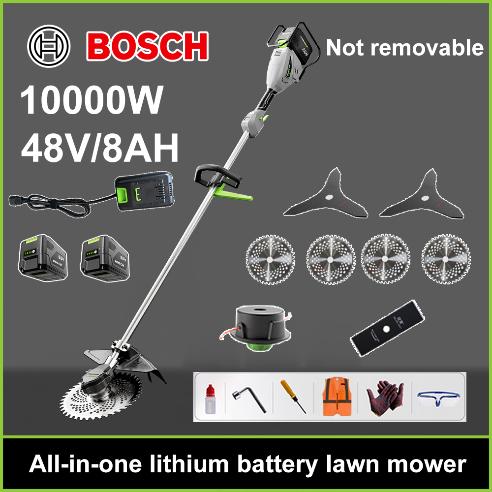 Cortador de grama sem escovas de 10000 W + bateria de lítio de 48 V/8 Ah * 2 + lâmina de serra circular * 4 + lâmina de serra reta + disco capinador + corda capinadora * 20 + três lâminas * 2 + carregador original + outros acessórios + garantia de dez anos