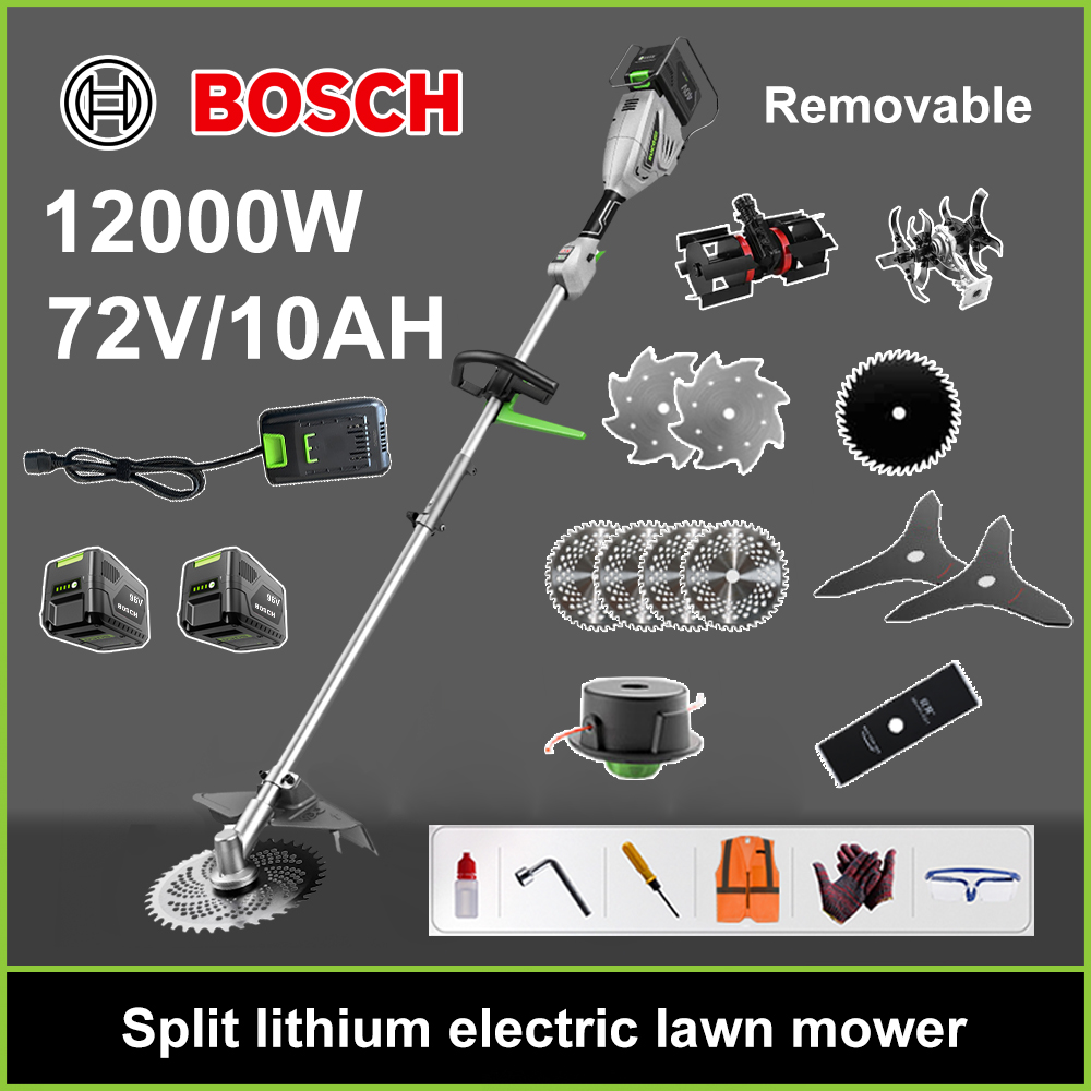 Cortador de grama sem escovas de 12000 W + bateria de lítio de 96 V/10 AH * 2 + lâmina de serra circular * 4 + lâmina de serra reta + disco de capina + corda de capina * 20 + lâmina tripla * 2 + lâmina de serra de aço + lâmina de serra de liga * 2 + lâmina de serra + cabeça de lâmina de serra + carregador rápido duplo original + outros acessórios + garantia de dez anos