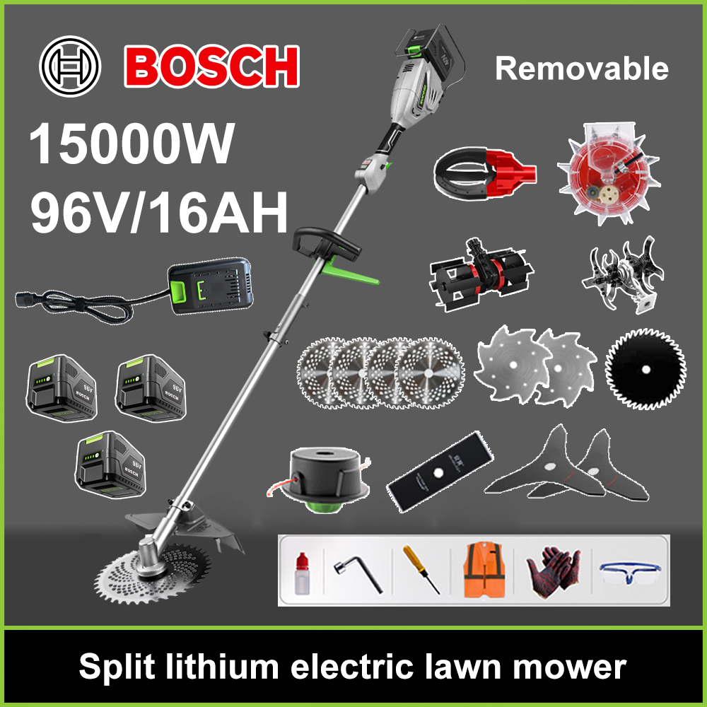 Cortador de grama sem escovas de 15000 W + bateria de lítio de 96 V/16 AH * 3 + lâmina de serra circular * 4 + lâmina de serra reta + disco de capina + corda de capina * 20 + lâmina tripla * 2 + lâmina de serra de aço + lâmina de liga * 2 + cabeça de serra + lâmina de serra + carregador rápido duplo original + cabeça de colheita de frutas + cabeça de semeadura + outros acessórios + garantia de dez anos